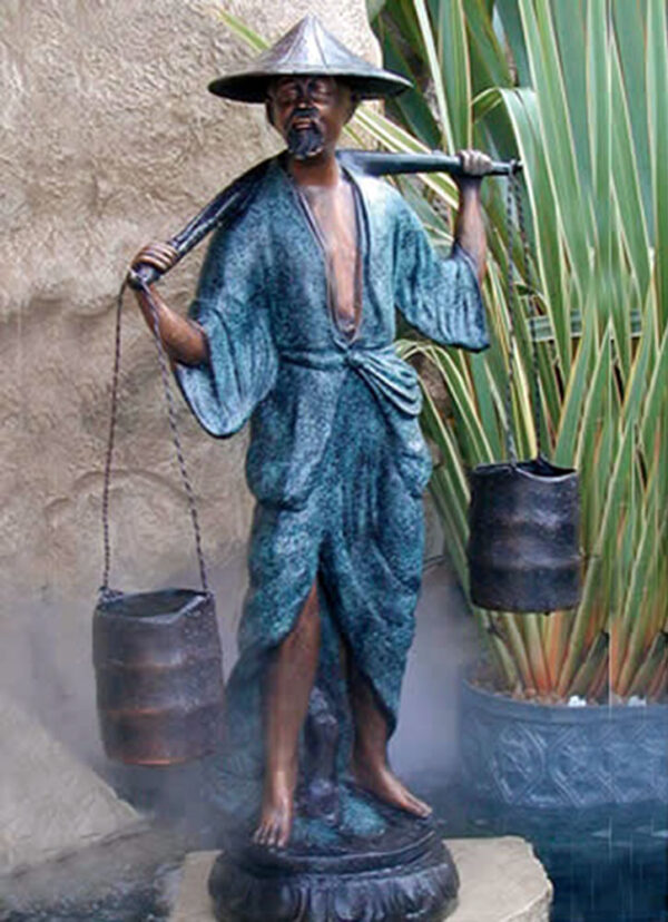 Hollow Cast Bronze Figure : Bronze Chinese Figures : Water Bearer : Blue-1