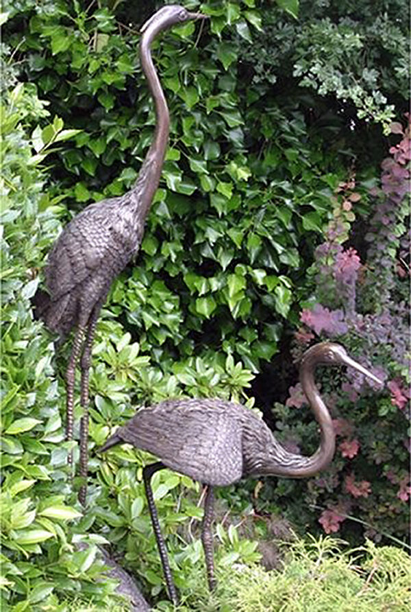 Hollow Cast Bronze Birds : Herons : Pair : Perched on a Log-1