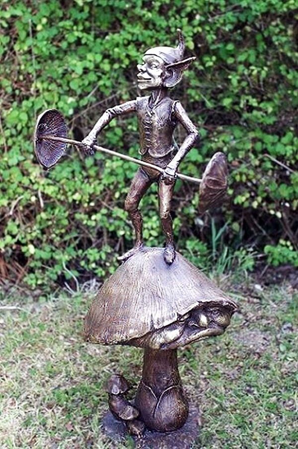 Hollow Cast Bronze Elf : Woody Weightlifting a Mushroom Barbell-1