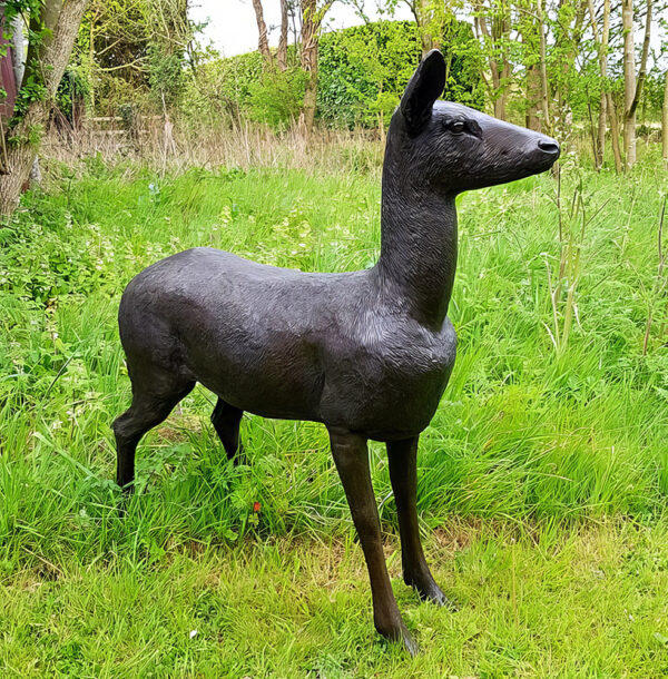 Hollow Cast Bronze Deer : Red Deer Hind : Head Up-1