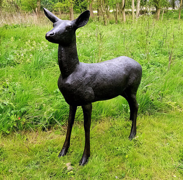 Hollow Cast Bronze Deer : Red Deer Hind : Head Up-2