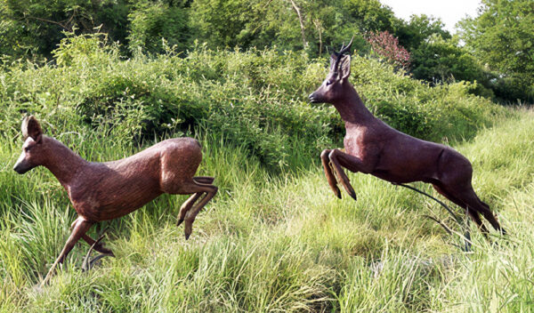 Hollow Cast Bronze Deer : Roe Deer Pair : The Chase-1