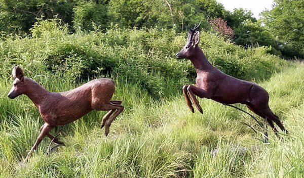 Bronze Roe Deer Pair : Leaping & Landing : The Chase-1 : Escar UK Bronze