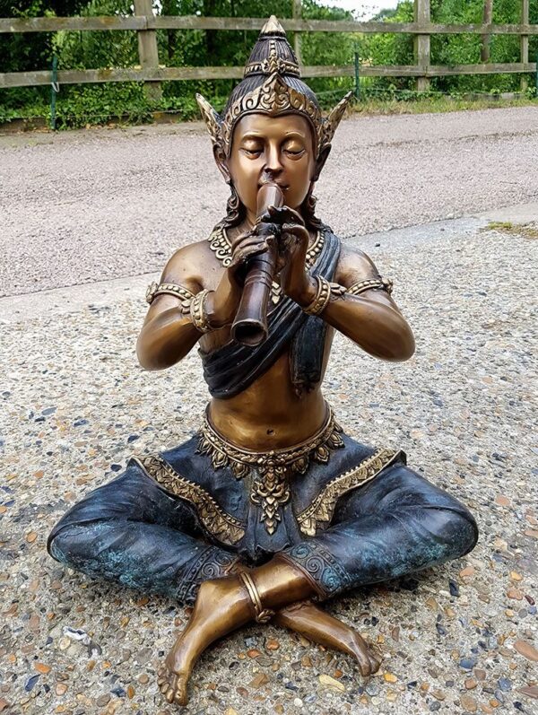 Hollow Cast Bronze Asian Figure : Sitting Piper : Small-1