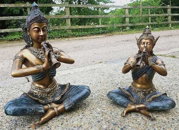 Bronze Sitting Thai Pipers : Medium & Small : Escar UK Bronze