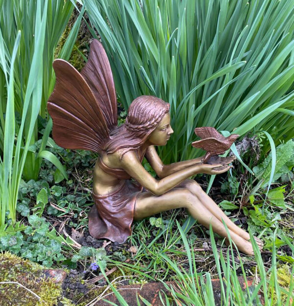 Hollow Cast Bronze Fairy : Bella with her Feathered Friend-1