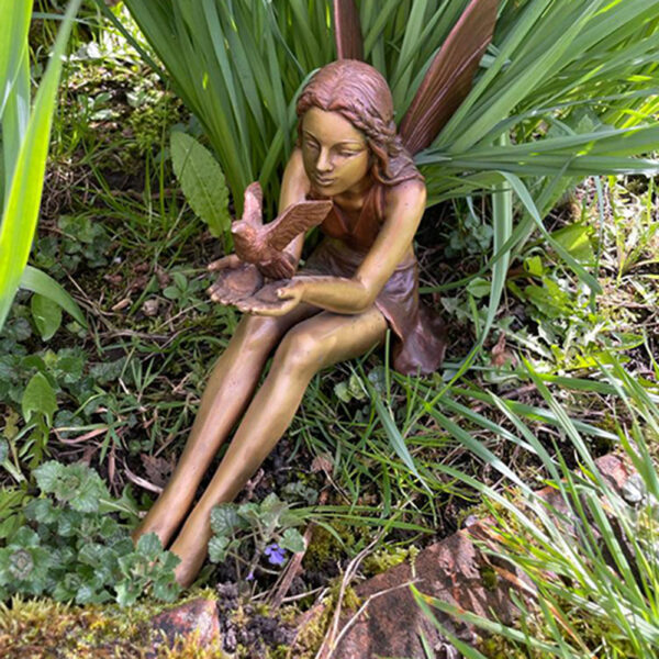 Hollow Cast Bronze Fairy : Bella with her Feathered Friend-2