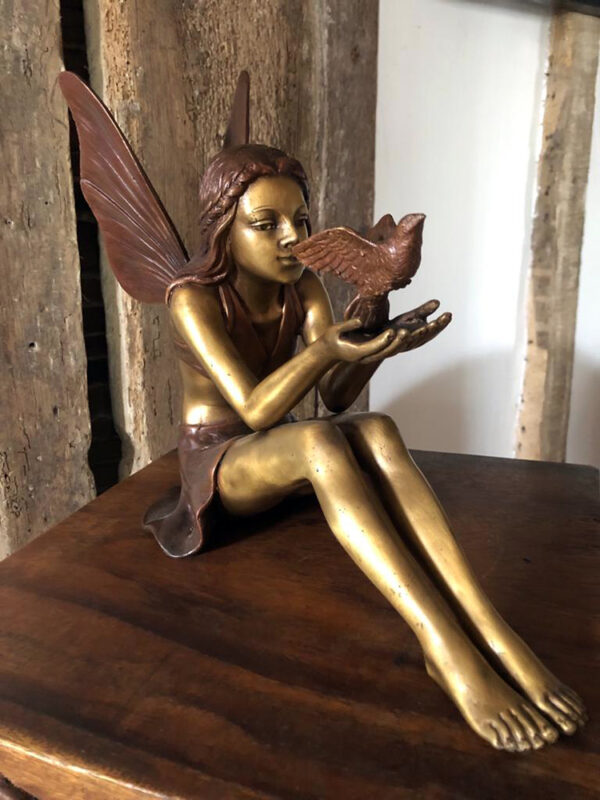 Hollow Cast Bronze Fairy : Bella with her Feathered Friend-6