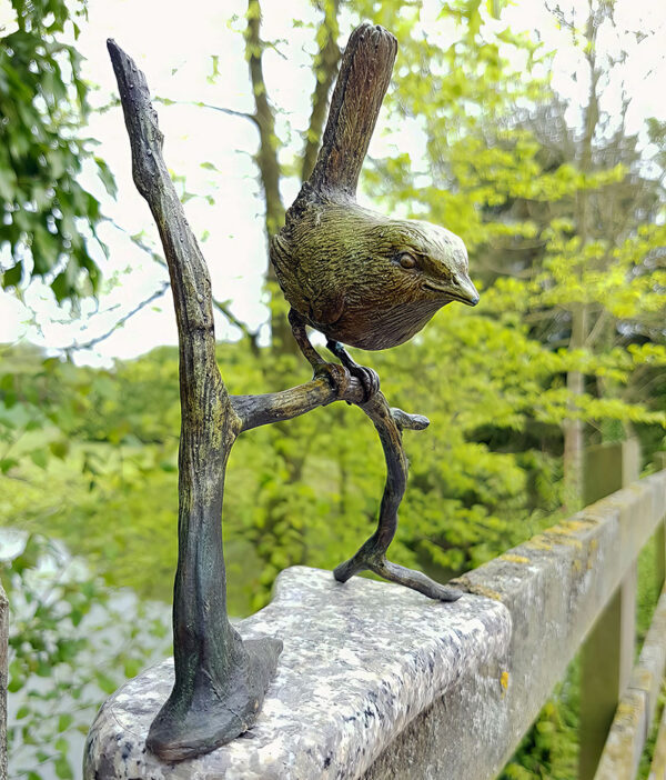 Hollow Cast Bronze Bird : Wren : Jenny Wren on a Branch-1