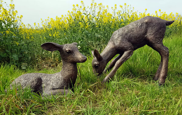 Hollow Cast Bronze Deer : White-tailed Deer Fawns : Lying & Grazing-1