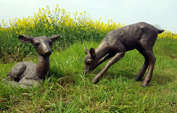 Hollow Cast Bronze Deer : White-tailed Fawns : Lying & Grazing-1