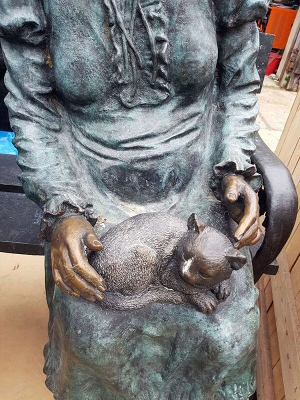 Hollow Cast Bronze Figure : Old Martha on a Bench, with her Cat on her Lap