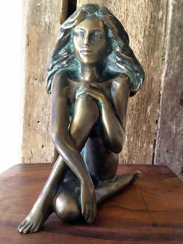 Bronze Figure : Fern Hugging Her Leg : Escar UK Bronze