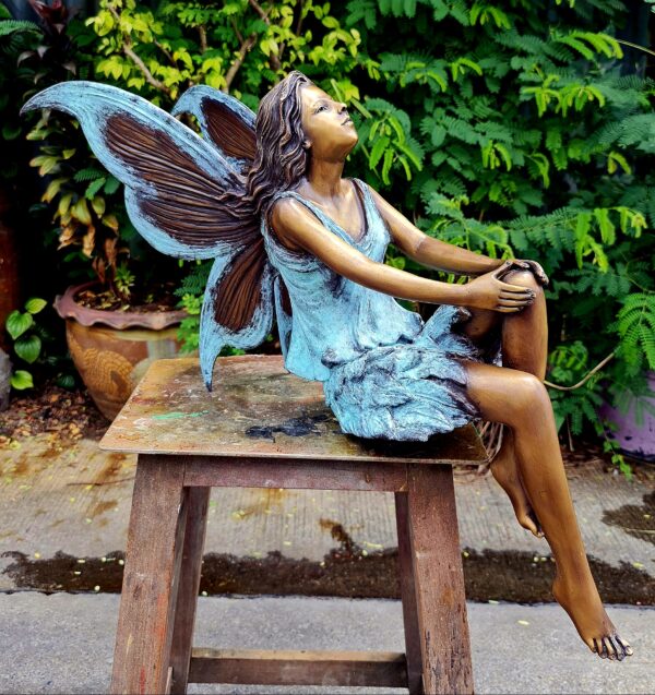 Hollow Cast Bronze Fairy : Fleur in a Seated Pose : Blue : Large-1