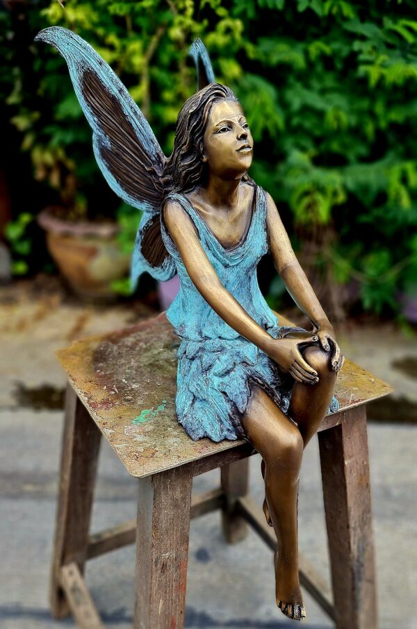 Hollow Cast Bronze Fairy : Fleur in a Seated Pose : Blue : Large-2