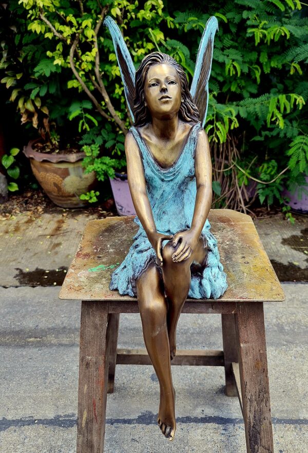 Hollow Cast Bronze Fairy : Fleur in a Seated Pose : Blue : Large--3