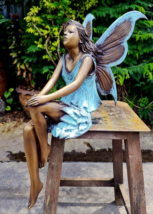 Hollow Cast Bronze Fairy : Fleur in a Seated Pose : Blue : Large-4