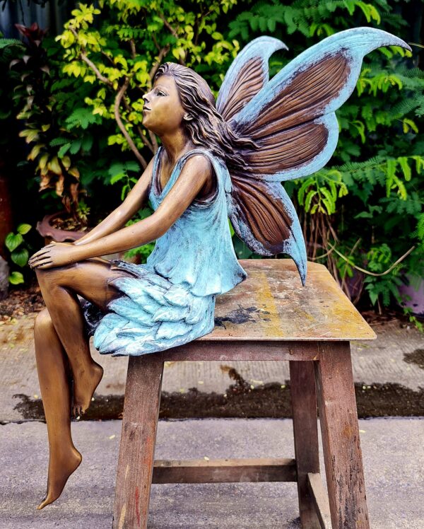 Hollow Cast Bronze Fairy : Fleur in a Seated Pose : Blue : Large-5