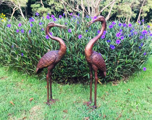 Hollow Cast Bronze Standing Herons : Pair : Brown-2