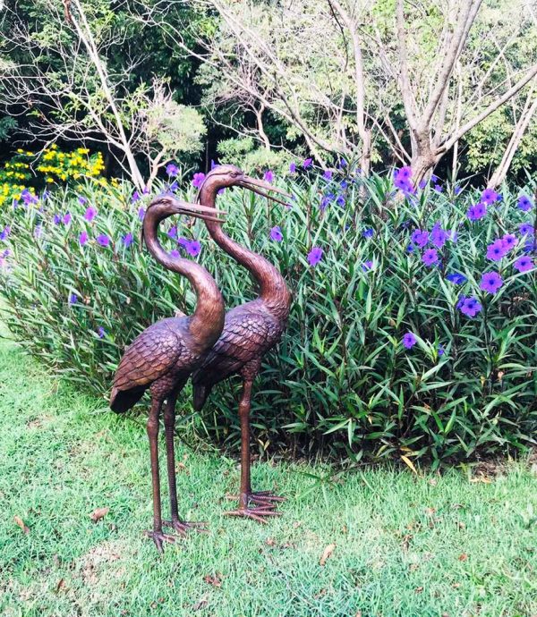 Hollow Cast Bronze Standing Herons : Pair : Brown-3