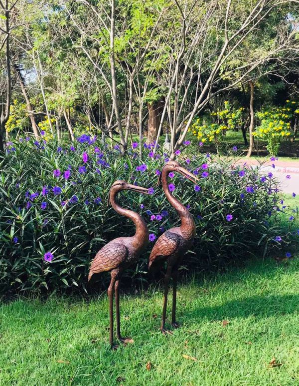 Hollow Cast Bronze Standing Herons : Pair : Brown-4