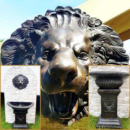 Bronze Lions Head Lenny Wall Plaque, Pedestal & Bowl : Escar UK Bronze